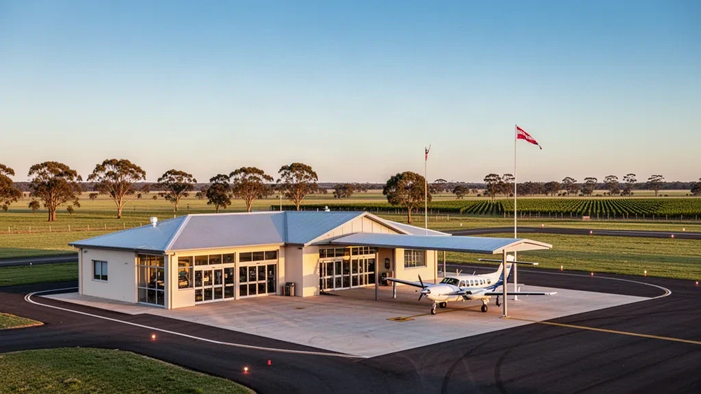 Weite Ansicht des Terminals und Vorfelds des Flughafens Naracoorte in South Australia zur goldenen Stunde mit einem kleinen Regionalflugzeug und offenem Himmel.