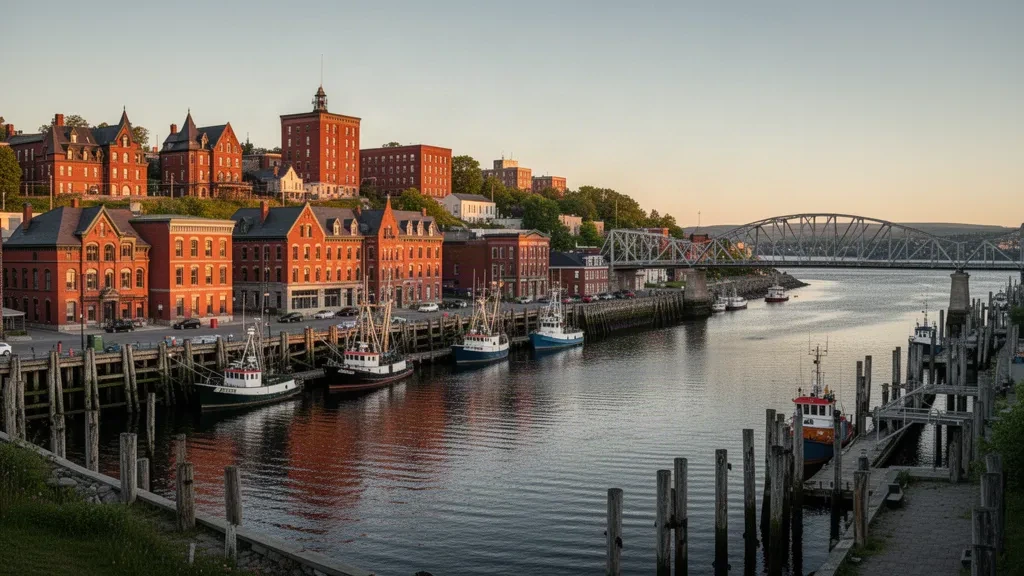 Skyline del lungomare di Saint John, New Brunswick, all'ora d'oro con edifici storici in mattoni, banchine del porto e la Baia di Fundy