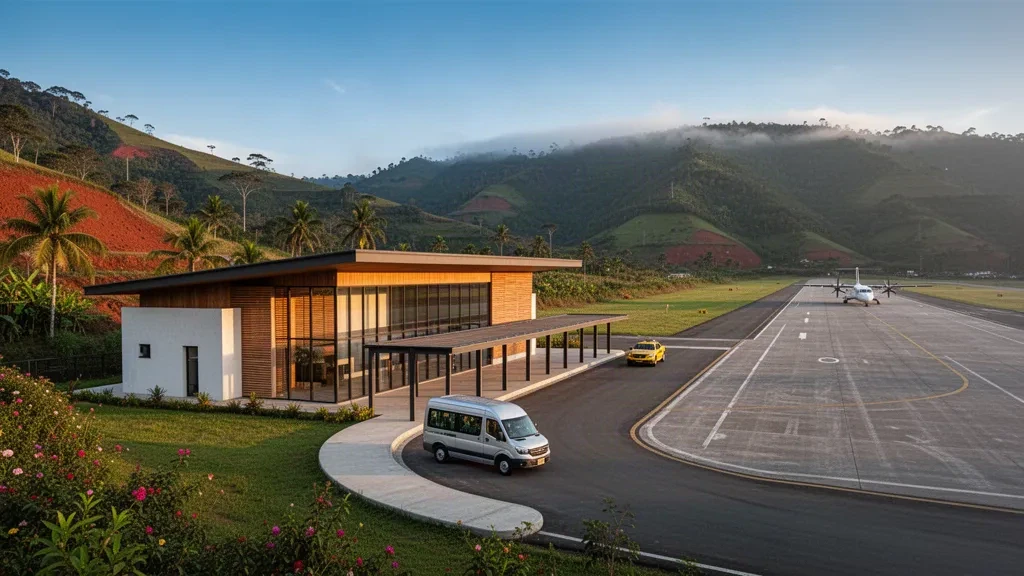 Small modern airport terminal, drop-off lane and runway at Macanal Airport in Colombia, surrounded by green Andean hills at golden hour