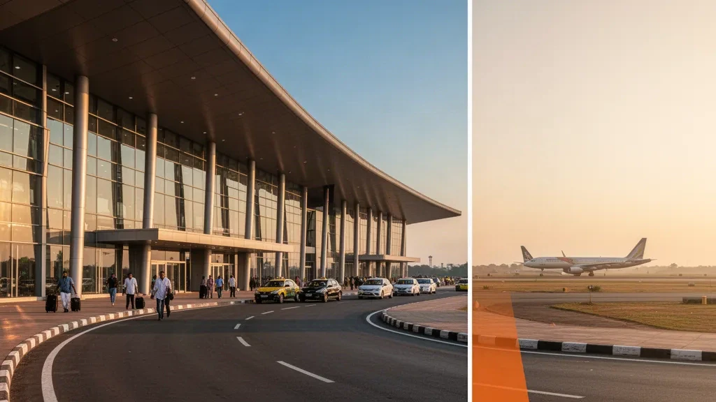 Modern glass terminal exterior at Dr. Babasaheb Ambedkar International Airport in Nagpur during golden hour with open sky