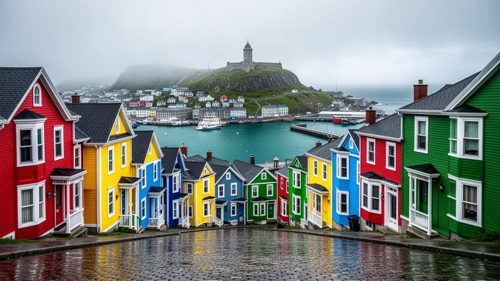 Colourful row houses of Jellybean Row in St. John's, Newfoundland and Labrador, with Signal Hill and the harbour in the background.
