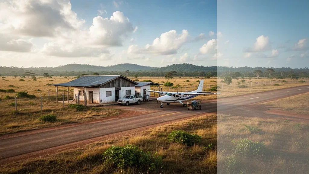 Piccola pista di atterraggio remota e paesaggio di savana all'Aeroporto di Annai in Guyana sotto una calda luce dorata