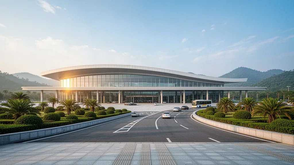 Exterior moderno de terminal acristalada en el aeropuerto de Nanchong Gaoping, en Sichuan, con tejado curvo y carriles de bajada bajo la luz dorada del atardecer.