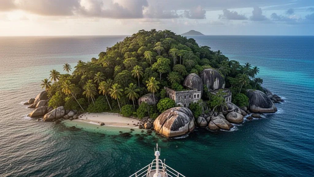 Palme da cocco, foresta pluviale e costa granitica dell'arcipelago delle Îles du Salut al largo della costa atlantica della Guyana Francese in una calda luce pomeridiana