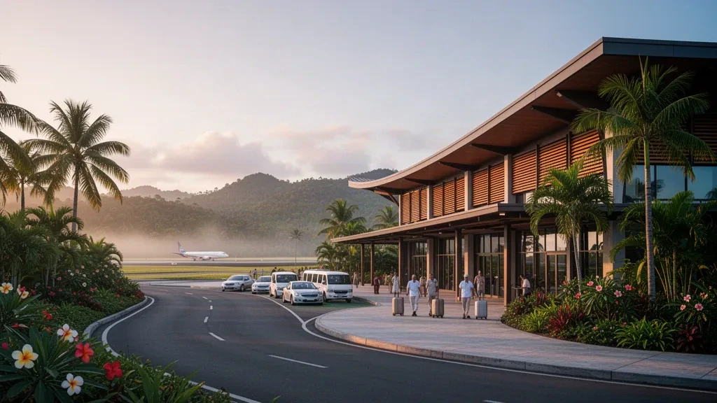 Terminal tropical moderna y carriles de descenso bordeados de palmeras en el Aeropuerto Internacional de Nadi en Fiyi a la hora dorada