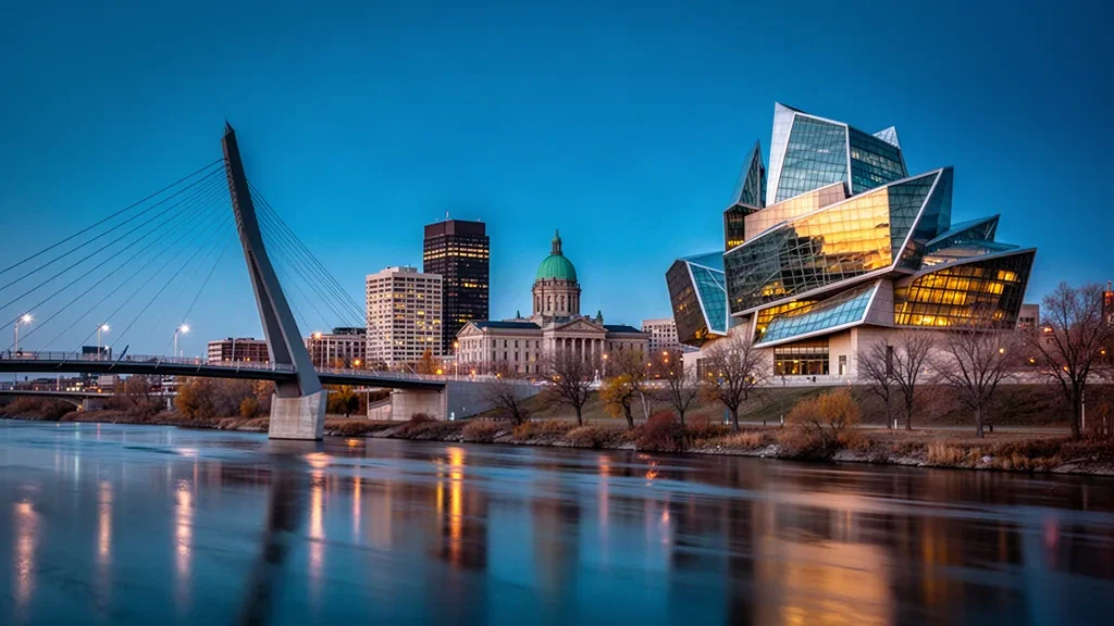 Skyline di Winnipeg al crepuscolo con il Canadian Museum for Human Rights e il ponte Esplanade Riel sul Red River in Manitoba