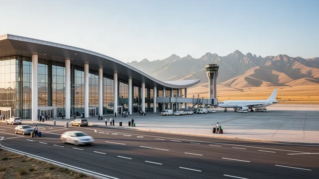 Exterior moderno de terminal de cristal en el Aeropuerto Internacional de Najicheván con montañas áridas y un cielo despejado en la hora dorada