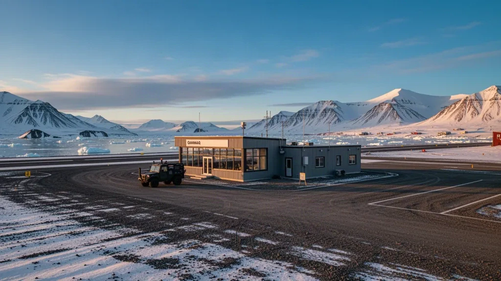 Small terminal and gravel runway at Qaanaaq Airport in Greenland, framed by snowy mountains and Arctic sky.