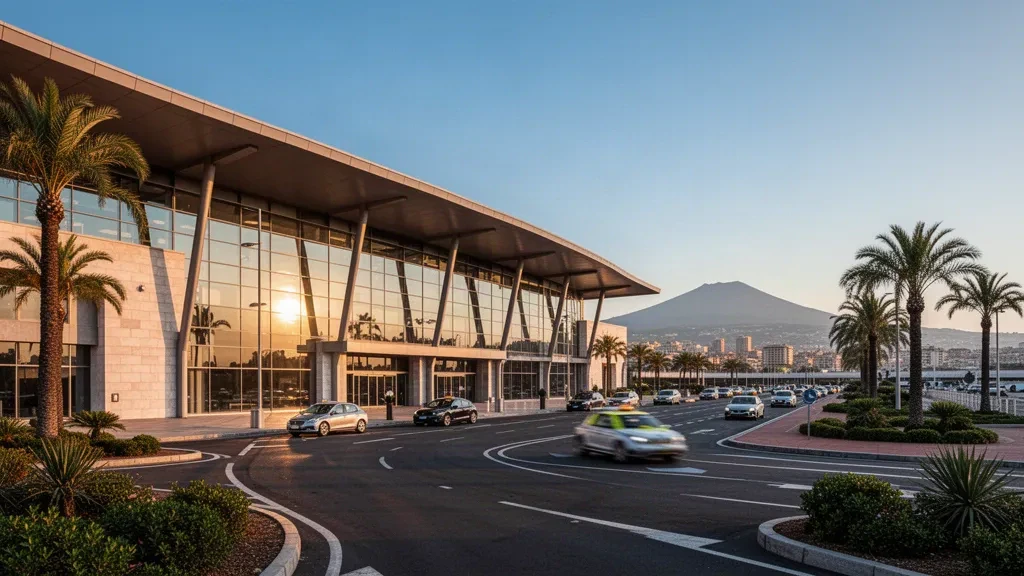 Esterno moderno in vetro del terminal dell'Aeroporto di Napoli Capodichino con il Vesuvio e le palme durante l'ora d'oro