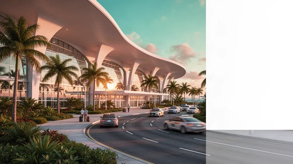 Golden-hour view of the modern glass terminal, palm-lined entrance and curbside drop-off lanes at Lynden Pindling International Airport in Nassau