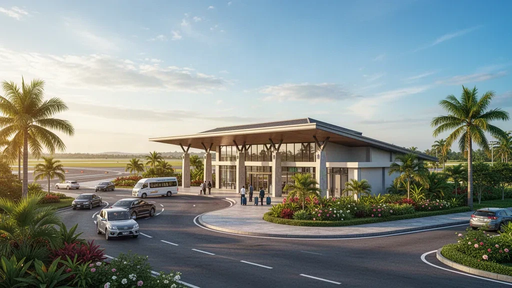 Modern tropical terminal exterior and palm-lined drop-off lane at Narathiwat Airport in southern Thailand during golden hour.