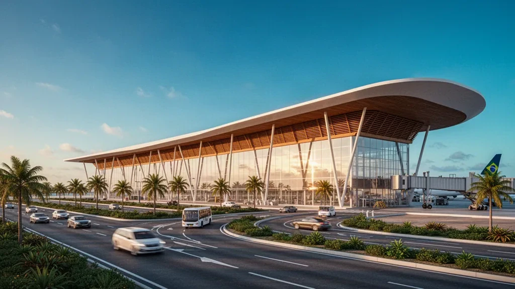 Terminal moderne en verre avec un toit incurvé à l'aéroport international Governador Aluízio Alves près de Natal à l'heure dorée