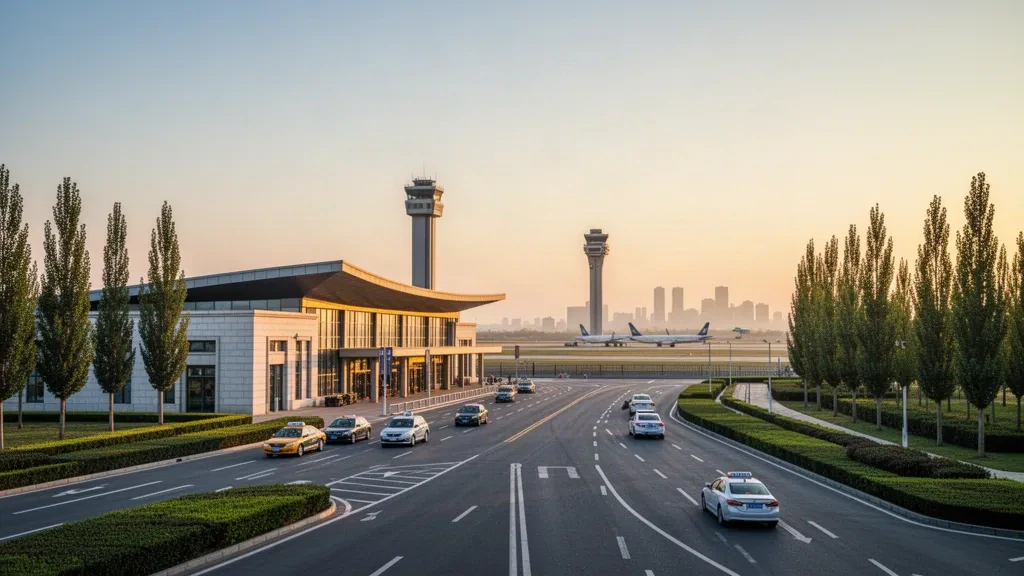 Low-rise terminal and drop-off lane at Beijing Nanyuan Airport in Fengtai, warm dusk light on glass facades with parked jets beyond