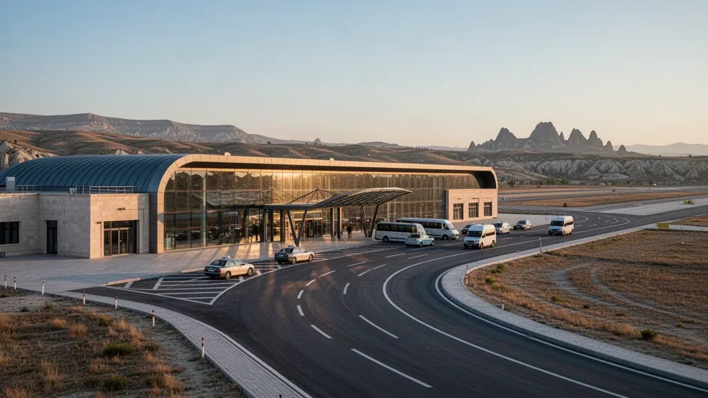 Nevşehir Kapadokya Havalimanı terminal binasının gün batımında, çevre yolları ve Kapadokya manzarasıyla dış görünümü.