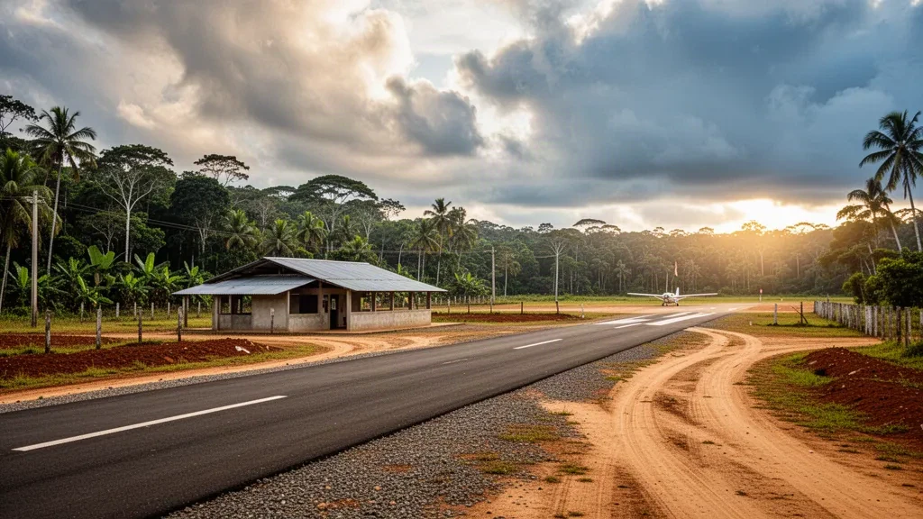 Piste d'atterrissage isolée et petit terminal à l'aéroport de Barranco Minas dans le Guainía, en Colombie, entourés de forêt amazonienne à l'heure dorée