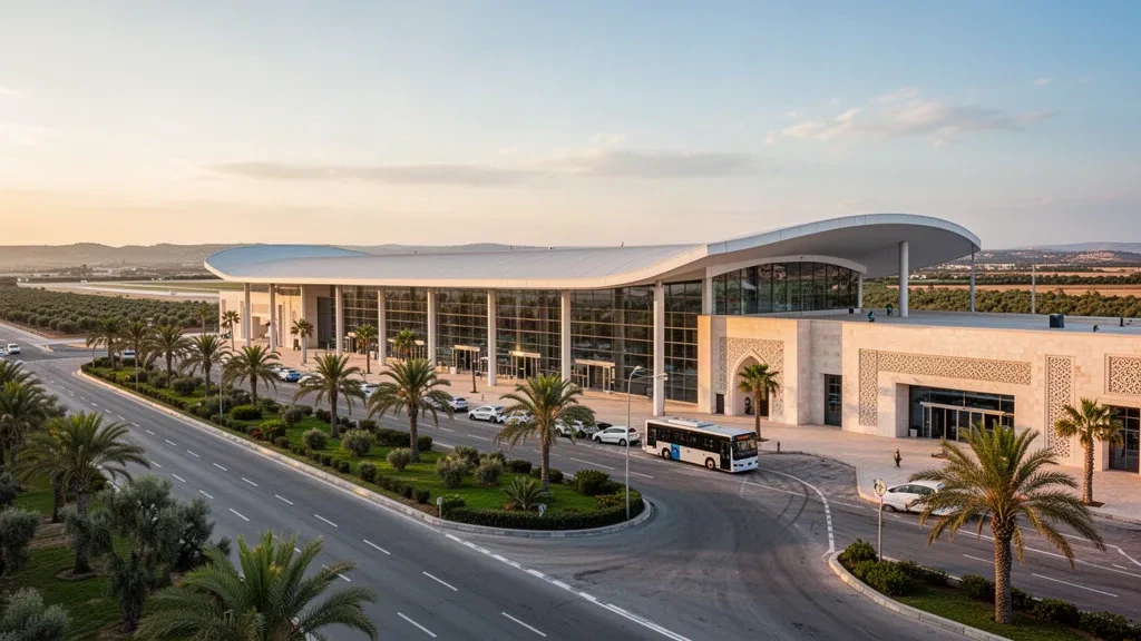 Moderne Glasfassade des Terminals am Flughafen Enfidha-Hammamet International in Tunesien zur goldenen Stunde, mit palmengesäumten VorfahrtsSpuren