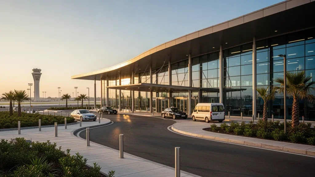 Modernes Flughafenterminal aus Glas und geschwungene Vorfahrtspur am Nana Airport zur goldenen Stunde, mit ruhiger Reiseatmosphäre und offenem Himmel