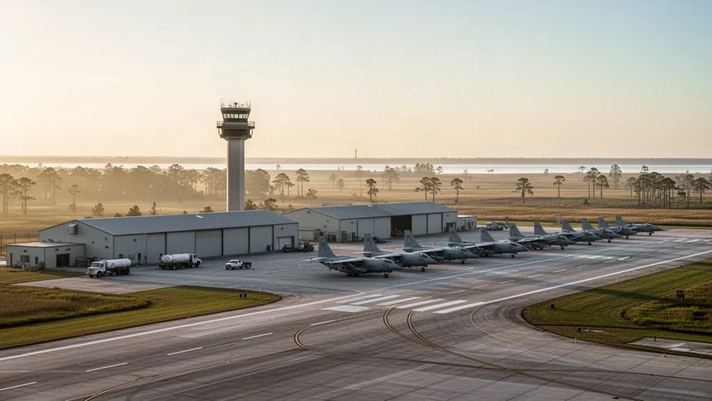 Altın saatlerde Belle Chasse, Louisiana'daki NAS JRB New Orleans Alvin Callender Field'da pist, kontrol kulesi ve hangarlar