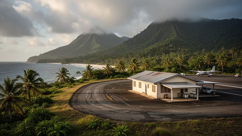 Small tropical terminal and asphalt runway at Annobón Airport on the remote volcanic island of Annobón, Equatorial Guinea