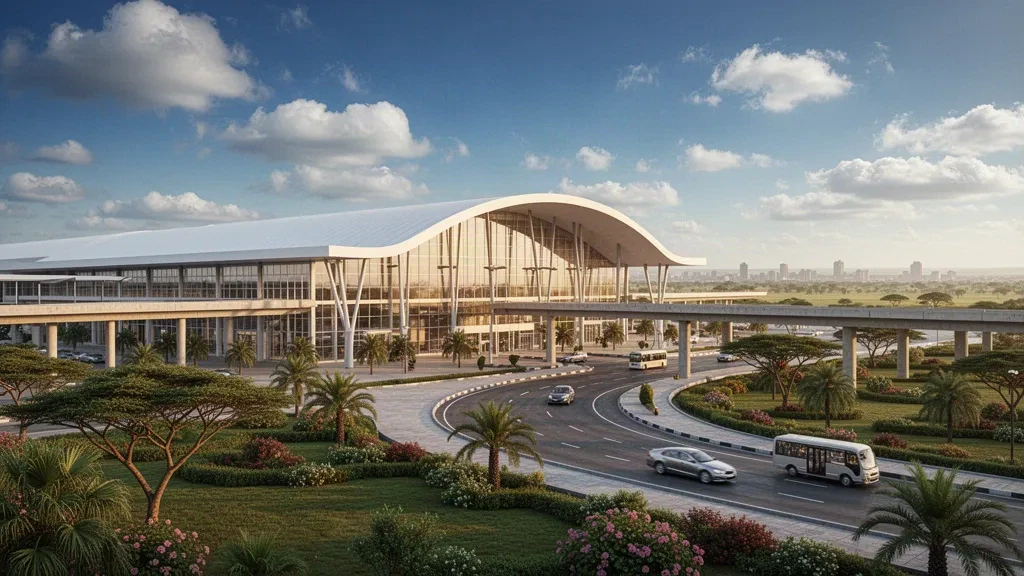 Fachada moderna de terminal con cristaleras y techo curvo blanco en el Aeropuerto Internacional Jomo Kenyatta de Nairobi, rodeada de vegetación tropical bajo una luz cálida