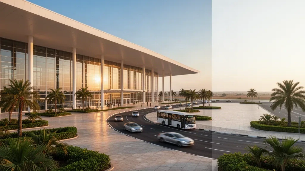Terminal moderno in vetro e tetto curvo dell'Aeroporto Internazionale Dr. António Agostinho Neto a Luanda, Angola, durante l'ora d'oro