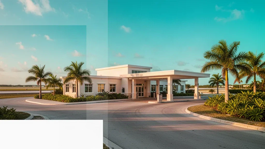 North Caicos Airport terminal exterior with palm trees, turquoise sky, and a quiet Caribbean runway approach at golden hour.