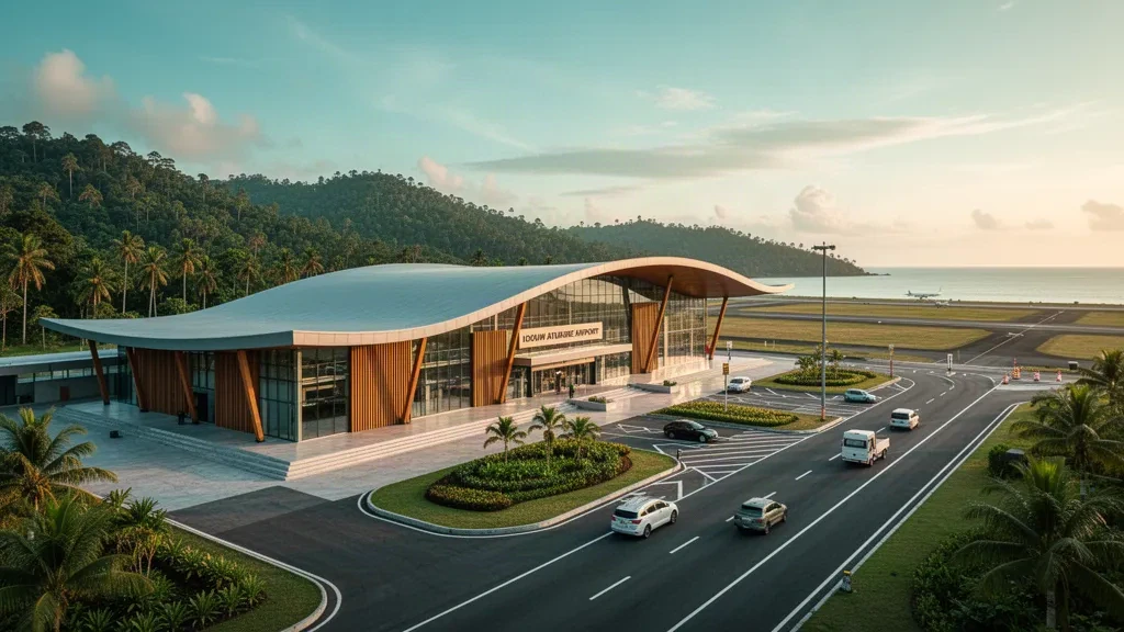 Weitwinkelansicht des Terminals des Flughafens Douw Aturure und tropischer Hügel in Nabire, Zentralpapua, Indonesien, zur goldenen Stunde.
