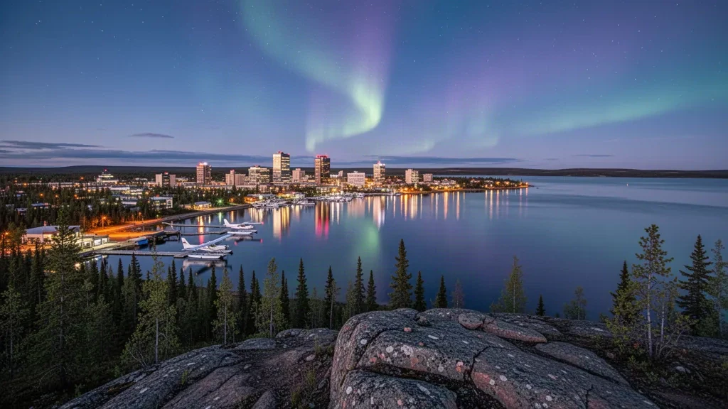 Panorama et front de mer de Yellowknife sur le Grand lac des Esclaves au crépuscule dans les Territoires du Nord-Ouest, au Canada, sous un ciel faiblement auroral