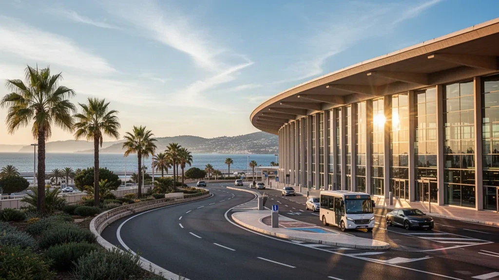 Exterior moderno de terminal de cristal en el aeropuerto de Niza Costa Azul con palmeras y la costa mediterránea en la hora dorada