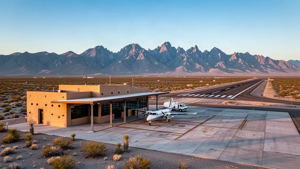 Terminal baja y pista desértica del Aeropuerto Municipal de Nuevo Casas Grandes en Chihuahua, México, a la hora dorada