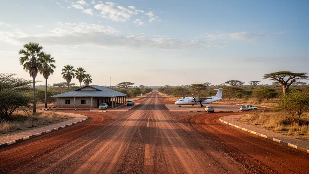 Ländlicher Flughafen Nachingwea in Tansania mit unbefestigter Start- und Landebahn, niedrigem Terminalgebäude und trockener Savanne im warmen Licht der goldenen Stunde.