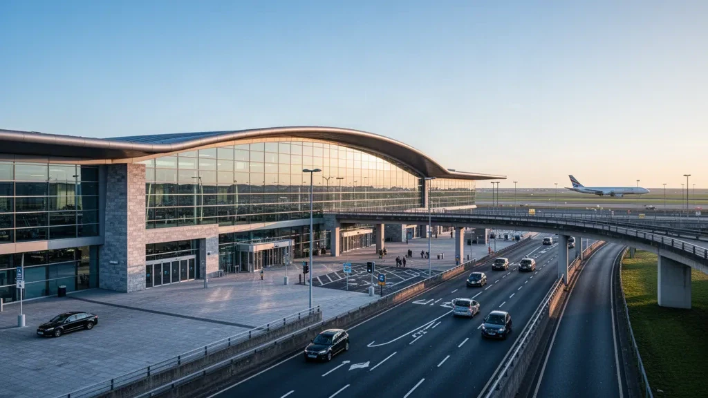 Gün batımı saatlerinde Newcastle Uluslararası Havalimanı'ndaki modern terminal ve yolcu indirme alanı