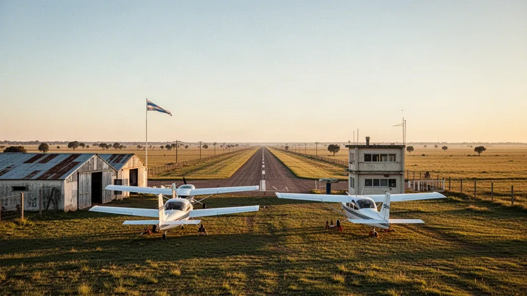 Arjantin'in düz Santa Fe ovasında, sıcak altın saati ışığı altında Sunchales Aeroclub Havalimanı'ndaki hafif uçaklar ve alçak hangarlar