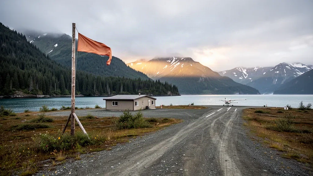 Abgelegene Schotterpiste am Flughafen Chenega Bay in Alaska, umrahmt von Fichtenwald, einer ruhigen Bucht und nebligen Bergen