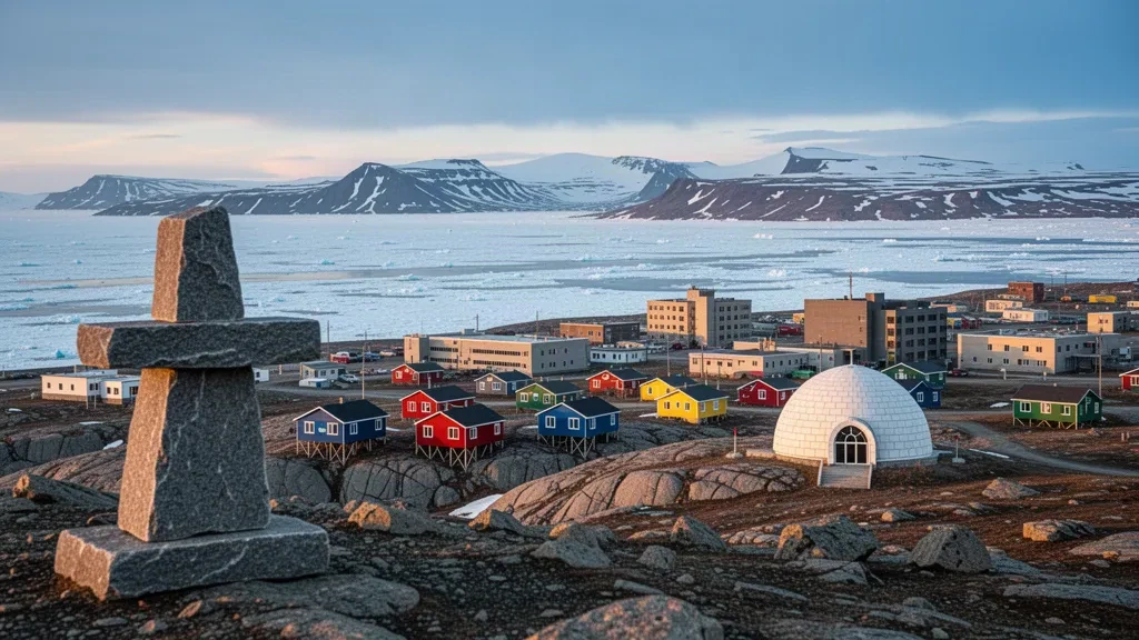 Skyline von Iqaluit in Nunavut, Kanada, mit bunten Häusern auf felsiger Tundra mit Blick auf das eisige Wasser der Frobisher Bay