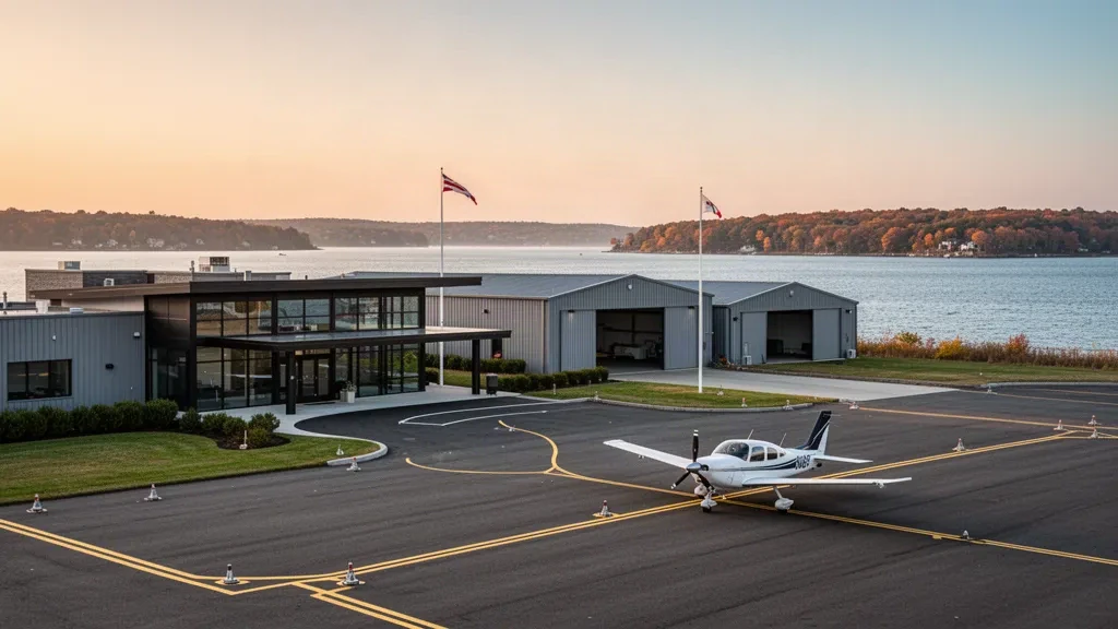 Vorfeld des Quonset State Airport und modernes niedriges Terminal neben der Narragansett Bay in North Kingstown, Rhode Island zur goldenen Stunde