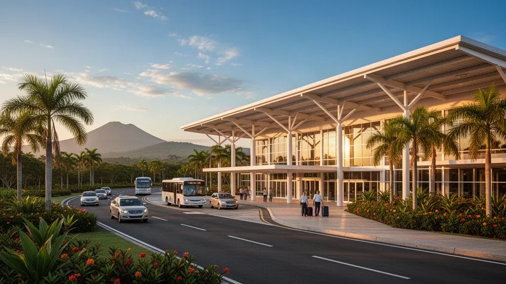 Modern Guanacaste Airport terminal exterior in Costa Rica with palm trees, drop-off lanes and warm golden-hour light