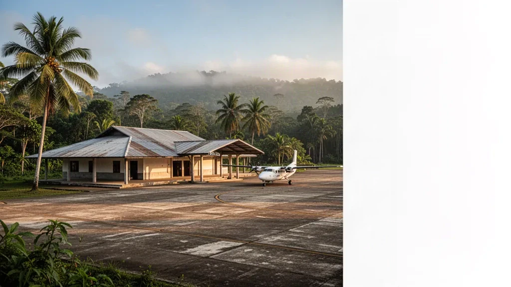 Piccolo terminal tropicale e aerei turboelica parcheggiati sul piazzale dell'aeroporto di San Carlos a Río San Juan, Nicaragua