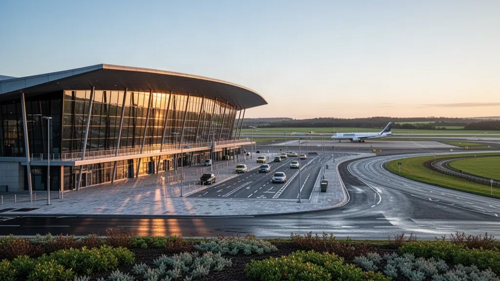 Esterno moderno del terminal in vetro e piazzale dell'aeroporto internazionale di Newcastle illuminati dalla calda luce dorata del tramonto con un jet sulla taxiway