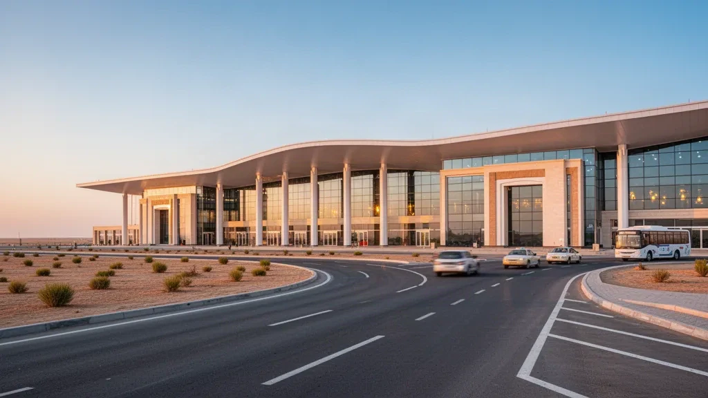 Terminal moderne en verre et voies de dépose à l'aéroport international de Nukus en Ouzbékistan sous la lumière dorée du désert