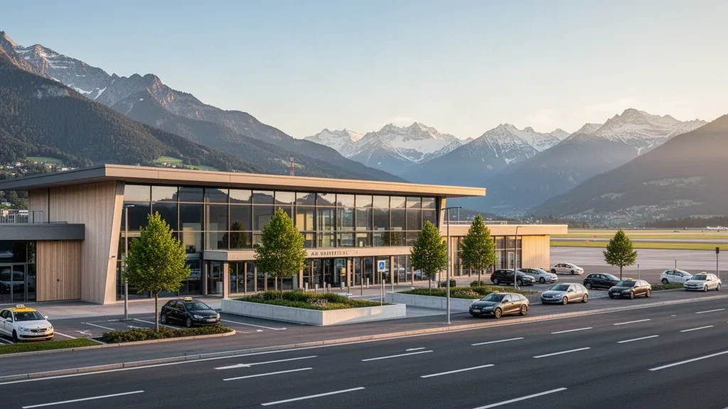 Modern terminal and alpine backdrop at Annecy Meythet Airport NCY in the French Alps, with clear skies and a clean drop-off area.