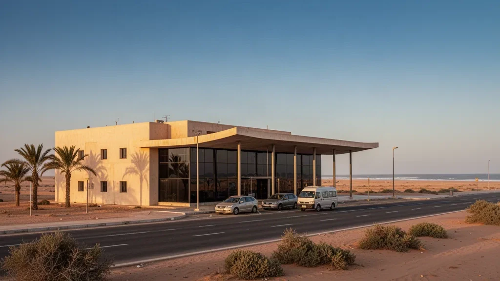Flachbau mit moderner Terminalfassade und Abholspur am Flughafen Nouadhibou International in Mauretanien im warmen Licht des späten Nachmittags