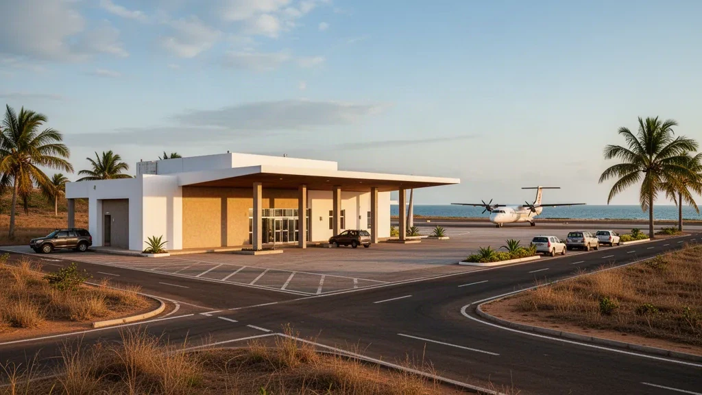 Low modern terminal building and palm-lined apron at Sumbe Airport on Angola's Atlantic coast in warm late-afternoon light