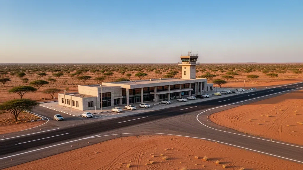 Modern Mandera Airport terminal and drop-off area in northeastern Kenya under warm golden-hour light, with open sky and arid landscape.