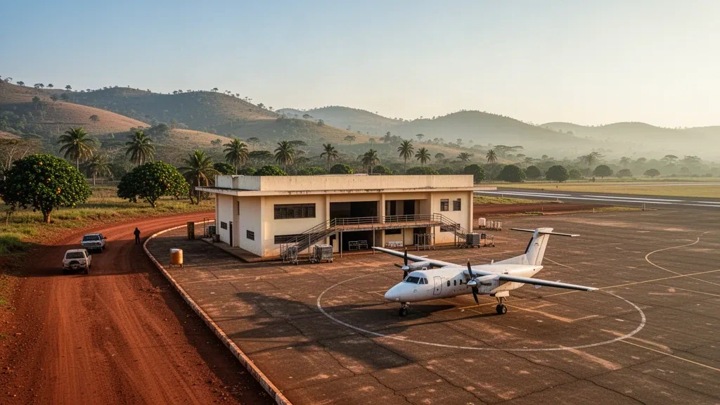 Petit tarmac d'aéroport régional et terminal à l'aéroport de N'dalatando en Angola sous une lumière chaude de fin d'après-midi
