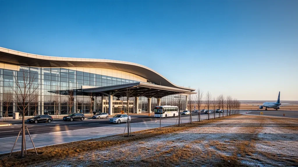 Extérieur moderne d'un terminal vitré et voies de dépose à l'aéroport de Qiqihar Sanjiazi sous un ciel dégagé du nord de la Chine