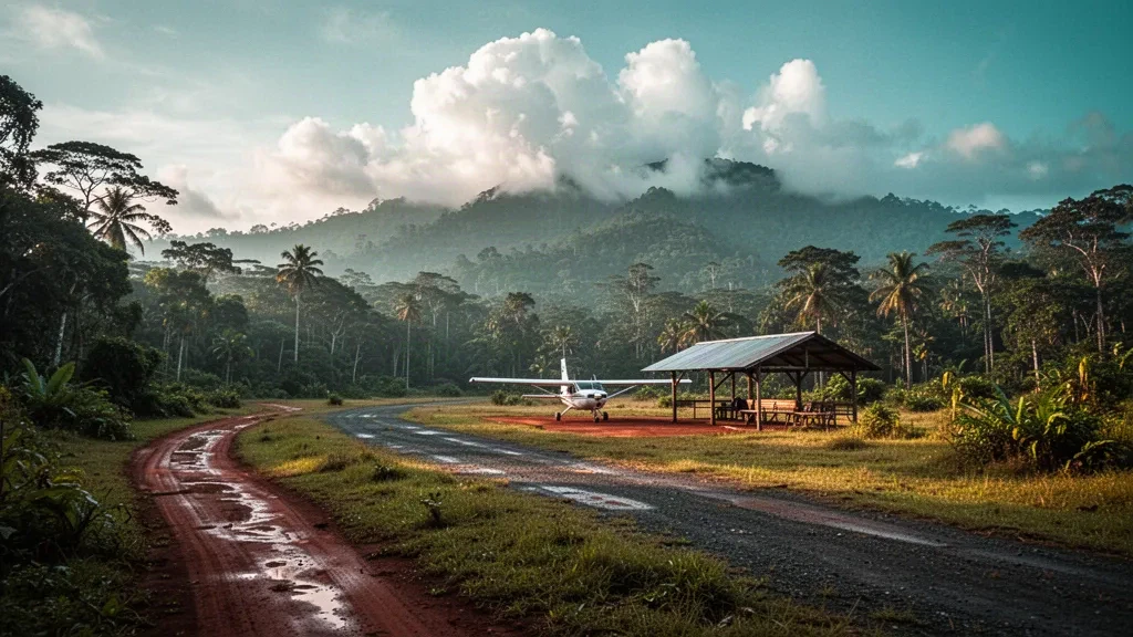 Pista de aterrizaje de hierba tropical en el Aeropuerto de Namudi, en Papúa Nueva Guinea, rodeada de selva tropical y montañas brumosas al amanecer