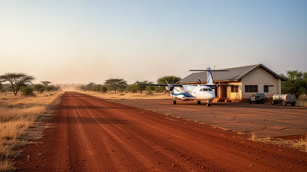 Aeroporto remoto di N'Délé nella savana dell'Africa centrale, con pista in terra rossa, piccolo edificio terminal e un aereo turboelica nella luce dorata del pomeriggio.
