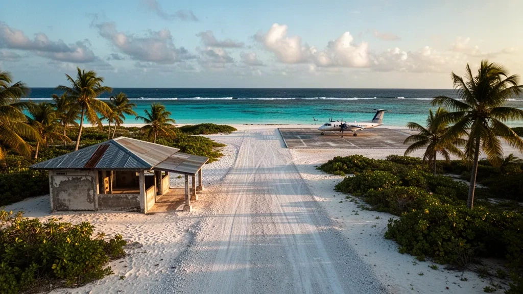Piste en corail et littoral bordé de palmiers de l'aéroport de Namorik sur l'atoll de Namdrik aux Îles Marshall à l'heure dorée
