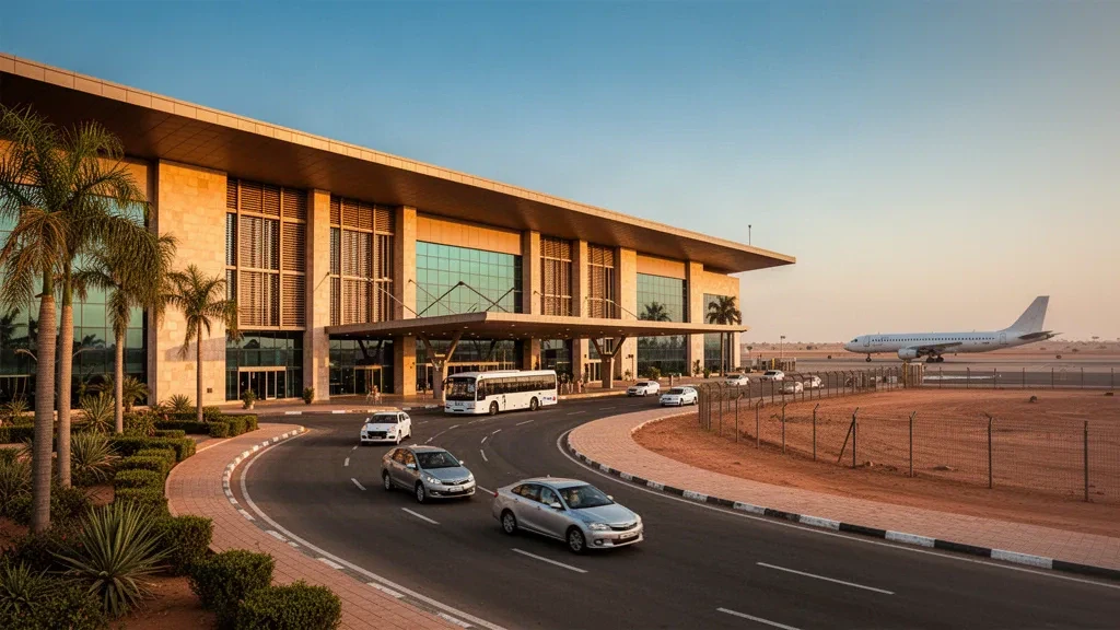 Façade moderne du terminal et voies de dépose à l'aéroport international de N'Djamena au Tchad à l'heure dorée